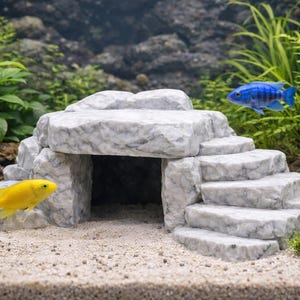 May include: A decorative aquarium ornament resembling a stone structure with steps and an archway. A yellow and a blue fish swim near the ornament. Green plants and sand complete the underwater scene.