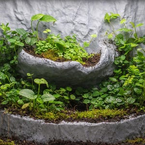 May include: A layered terrarium with a concrete-effect structure, filled with vibrant green plants. The design includes a mossy base and a textured, grey backdrop. The terrarium is enclosed in glass, creating a miniature ecosystem.