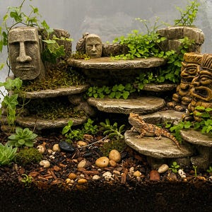 Puede incluir: Un terrario con un lagarto dragón barbudo, con esculturas de piedra de caras y plataformas escalonadas. El hábitat incluye plantas vivas, musgo y pequeñas rocas, creando un entorno naturalista. El recinto de vidrio ofrece una vista clara.