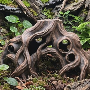 Peut inclure: Une cachette en résine marron en forme de racine d'arbre, dotée de plusieurs ouvertures circulaires et d'un intérieur creux. La structure imite l'aspect du bois noueux avec des rainures profondes, conçue pour abriter de petits animaux.