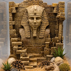 Peut inclure: Un terrarium avec un décor égyptien représentant la tête d'un pharaon sculptée dans un mur de pierre. L'enceinte contient une tarentule, de petites plantes, des roches et du sable. Le fond est de couleur marron clair.