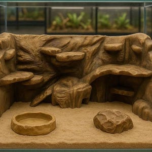 Puede incluir: Un fondo de terrario marrón con múltiples repisas y una estructura similar a una cueva. Un pequeño cuenco de agua redondo y una roca están sobre la base arenosa. El fondo está encerrado en un terrario de vidrio.