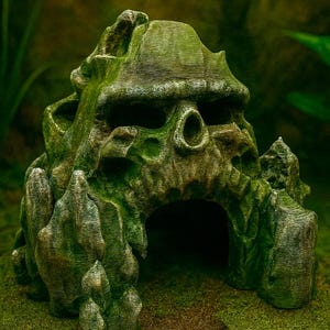 Puede incluir: Decoración detallada de acuario cubierta de musgo con forma de calavera con boca y cuencas de los ojos abiertas. La calavera tiene un aspecto desgastado y texturizado con tonos verdes y marrones, y una pequeña abertura de cueva.