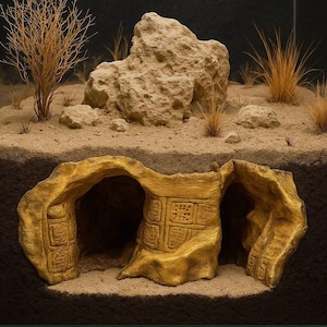 Peut inclure: Un terrarium miniature représentant un paysage désertique. Il comprend une structure dorée en forme de grotte en bas, avec une surface sablonneuse et des rochers au-dessus. Des plantes et des herbes séchées complètent l'esthétique désertique.