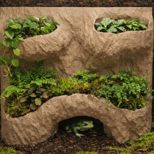 May include: A terrarium with a rock-like structure, featuring pockets of greenery and a small frog. The design includes various plants and moss, creating a naturalistic habitat. The frog is green and sits in a cave-like opening.