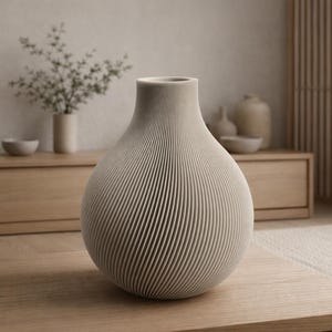 Peut inclure: Un vase en céramique beige et côtelé, avec une base large et un col étroit, est posé sur une table en bois. Le vase présente un motif rayé vertical texturé. L'arrière-plan comprend un meuble en bois, un petit vase et une plante.
