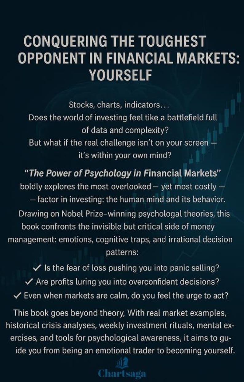 May include: Image with text: "CONQUERING THE TOUGHEST OPPONENT IN FINANCIAL MARKETS: YOURSELF." The text discusses investing, psychology, and financial markets. It includes bullet points about fear of loss and overconfident decisions. The Chartsaga logo is at the bottom.