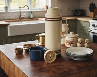 Bottiglia termica vintage Aladdin da un quarto di gallone con coperchio, colore beige e blu, prodotta negli Stati Uniti.