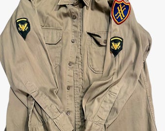 Vintage WWII U.S. Army Khaki Uniform Shirt Elbeco Regulation w/ ETO Patch & Eagle Insignia