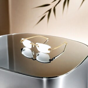 May include: A pair of rimless eyeglasses with rectangular lenses. The frames are gold-colored with a leopard print design on the temples. The glasses are displayed on a reflective surface, with a soft background.