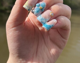 Blue and Pink Hand-Painted Builder Gel Polka Dot Almond Nails | Custom Structured Gel Set