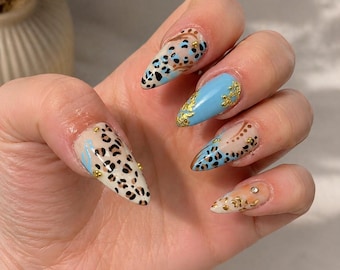 Blue Leopard Print Press On Nails with Gold Accents – Acrylic Reusable Nails, Trendy Animal Print Nails, Handmade Luxury Press Ons