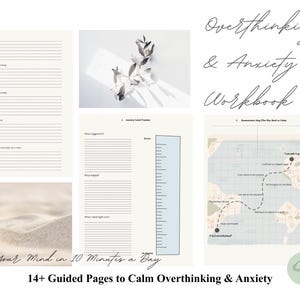 Op de afbeelding: Een werkboek met de titel "Overthinking & Anxiety Workbook" in sierlijke letters. De afbeelding bevat verschillende pagina's met prompts, een kaart en een liniaalafbeelding. Tekst luidt "Reset Your Mind in 10 Minutes a Day" en "14+ Guided Pages to Calm Overthinking & Anxiety."