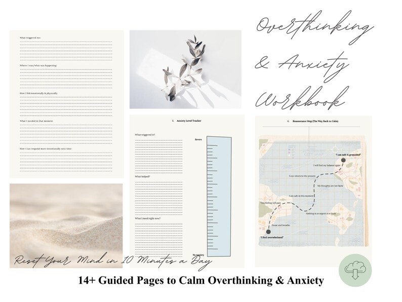 Op de afbeelding: Een werkboek met de titel "Overthinking & Anxiety Workbook" in sierlijke letters. De afbeelding bevat verschillende pagina's met prompts, een kaart en een liniaalafbeelding. Tekst luidt "Reset Your Mind in 10 Minutes a Day" en "14+ Guided Pages to Calm Overthinking & Anxiety."