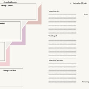Op de afbeelding: Een journaalpagina met secties voor grondoefeningen en een angstniveautracker. De linkerkant heeft prompts voor zintuigen: zien, voelen, horen, proeven en ruiken. De rechterkant bevat prompts: Wat heeft het getriggerd?, Wat heeft geholpen? en Wat heb ik nu nodig?