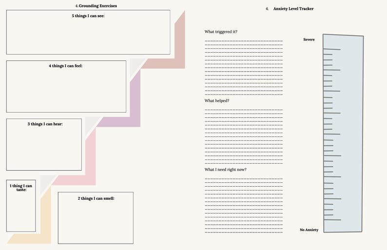 Op de afbeelding: Een journaalpagina met secties voor grondoefeningen en een angstniveautracker. De linkerkant heeft prompts voor zintuigen: zien, voelen, horen, proeven en ruiken. De rechterkant bevat prompts: Wat heeft het getriggerd?, Wat heeft geholpen? en Wat heb ik nu nodig?