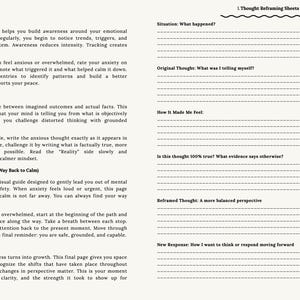Op de afbeelding: Open werkboekpagina's met tekst en aanwijzingen voor het beheersen van angst. Bevat een angstniveautracker, vellen voor het herformuleren van gedachten en een geruststellingskaart. De pagina's zijn gelinieerd.