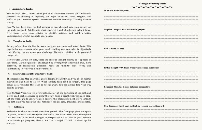 Op de afbeelding: Open werkboekpagina's met tekst en aanwijzingen voor het beheersen van angst. Bevat een angstniveautracker, vellen voor het herformuleren van gedachten en een geruststellingskaart. De pagina's zijn gelinieerd.
