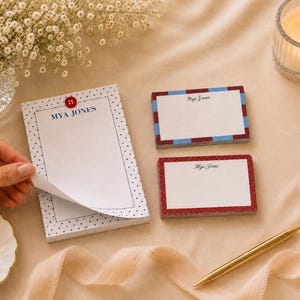 Personalized Stationery Set | Custom Name Notepad and Note Cards | Preppy Polka Dot & Check Prin