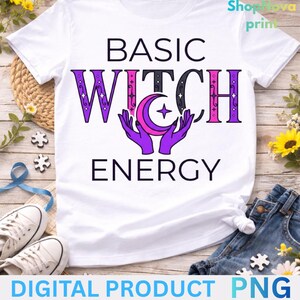 Energía de bruja básica PNG, vibraciones celestiales de bruja PNG, diseño de camiseta retro de bruja para Halloween, descarga digital