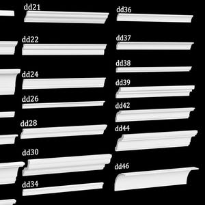 May include: A collection of white crown molding samples, each with a unique profile. The samples are arranged against a black background, showcasing various designs and sizes for interior architectural detailing. The image includes labels such as dd02, dd05, dd08, dd09, dd13, dd16, dd17, dd21, dd22, dd24, dd26, dd28, dd30, dd34, dd36, dd37, dd38, dd39, dd42, dd44, dd46, and dd511.