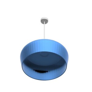 May include: A blue pendant light fixture with a spherical shade. The shade has a ribbed texture and is suspended from a white cord and ceiling mount. The light fixture is a modern design.