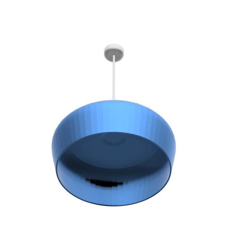 May include: A blue pendant light fixture with a spherical shade. The shade has a ribbed texture and is suspended from a white cord and ceiling mount. The light fixture is a modern design.