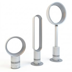 May include: Three white and silver bladeless fans. The fans have a circular or oval design with a base that houses the controls. The Dyson logo is visible on the base of each fan. The fans are designed to circulate air.