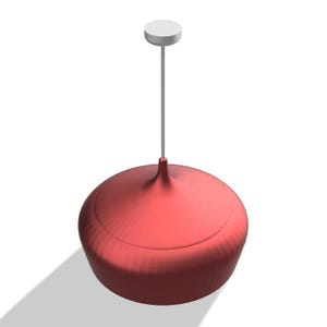 May include: A red pendant light fixture with a round, bowl-shaped shade. The shade is suspended from a thin, silver-colored rod and a small, white circular canopy. The light casts a shadow on the white background.
