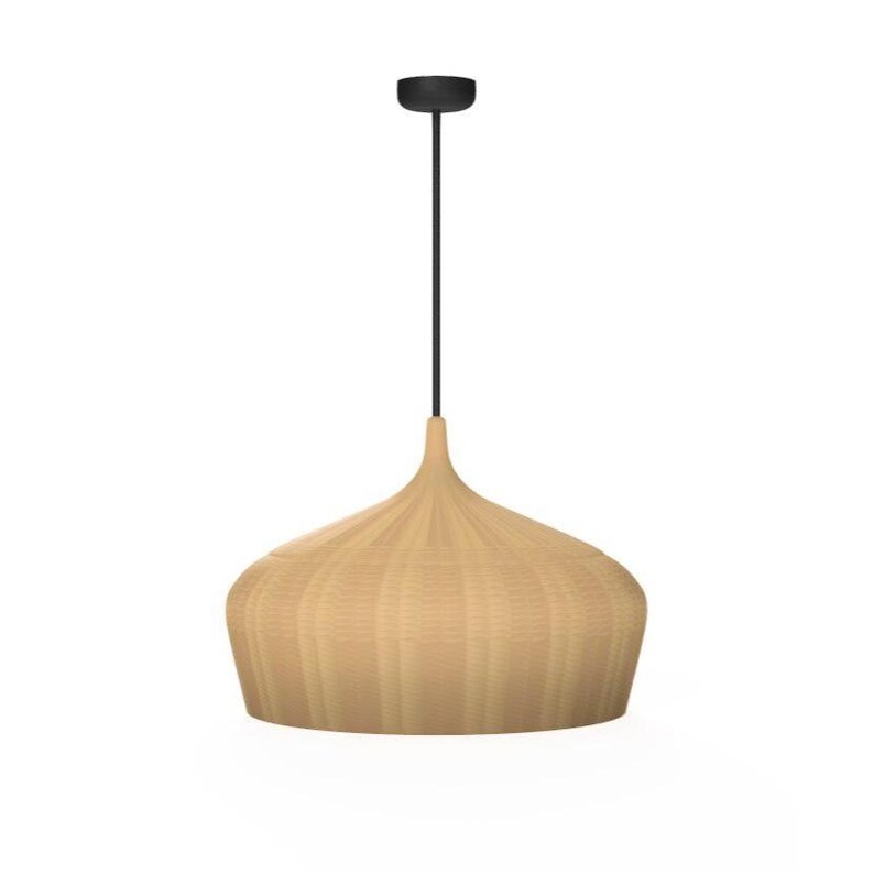 May include: A light brown woven pendant light with a black cord and ceiling mount. The shade has a rounded, bell-like shape. The light fixture is suspended against a white background.
