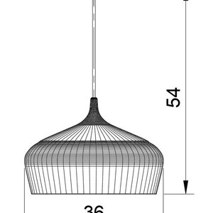 May include: Line drawing of a pendant light fixture. The light fixture is 36 inches wide and 54 inches tall. The light fixture has a conical shade with a series of vertical lines.