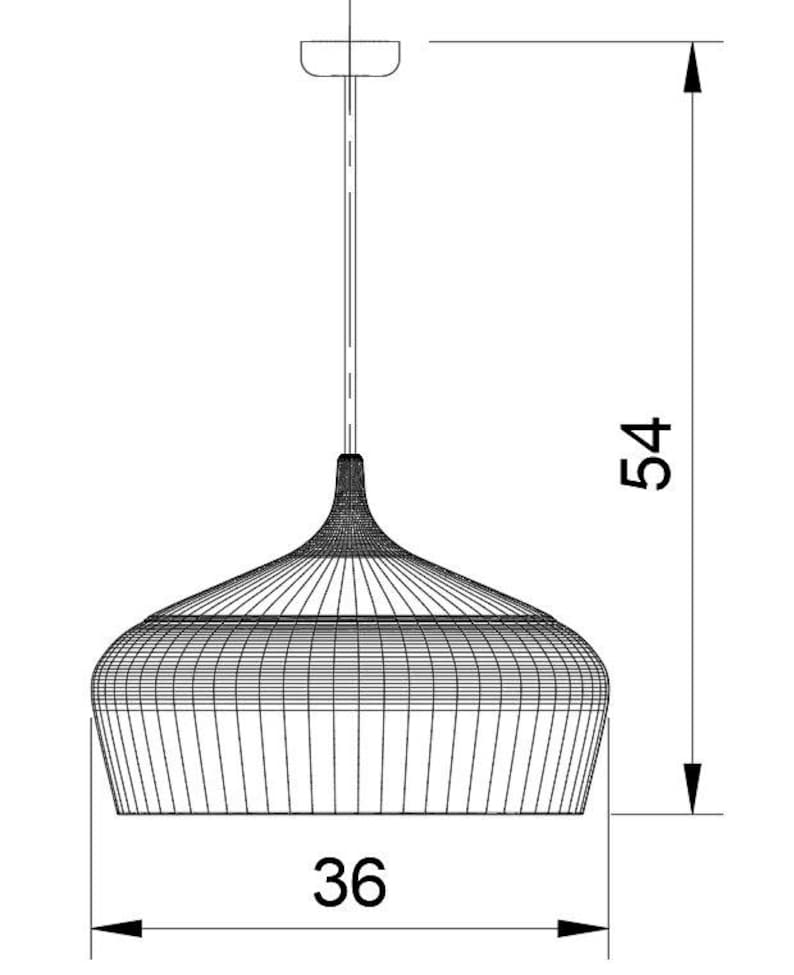 May include: Line drawing of a pendant light fixture. The light fixture is 36 inches wide and 54 inches tall. The light fixture has a conical shade with a series of vertical lines.