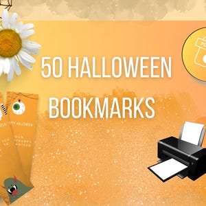 Peut inclure: Une collection numérique de 50 marque-pages d'Halloween avec des fonds orange, des toiles d'araignée, des globes oculaires et des monstres. Le texte indique 50 HALLOWEEN BOOKMARKS, HAPPY HALLOWEEN et THE BOOK YOU WON'T SURVIVE. Inclut une icône PDF.