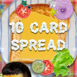 May include: A graphic featuring a slice of toasted bread topped with a yellow square, a tomato slice, a red onion slice, a cucumber slice, and lettuce. The text 10 CARD SPREAD is overlaid. A small yellow chick with a dark bowl cut is at the bottom.