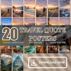 Könnte beinhalten: Eine Sammlung von 20 Reise-Zitaten-Postern zum sofortigen Download in PNG- und PDF-Formaten. Die Poster zeigen Landschaftsfotografien mit inspirierenden Zitaten über Reisen und Abenteuer. Das Bild enthält eine Kamera und ein Notizbuch.
