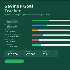 May include: A green digital savings goal tracker with progress bars. The tracker displays categories like emergency fund, vacation, and education, with progress percentages. The total saved is $20,700, with a target of $67,000, and 31% progress.