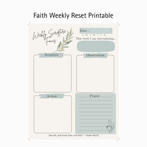 Pode incluir: Um planejador semanal imprimível com o texto "Faith Weekly Reset Printable". O design inclui seções para Escritura, Observação, Ação e Oração, com um ramo de oliveira decorativo e a citação "Aquietai-vos, e sabei que eu sou Deus." - Salmo 46:10.