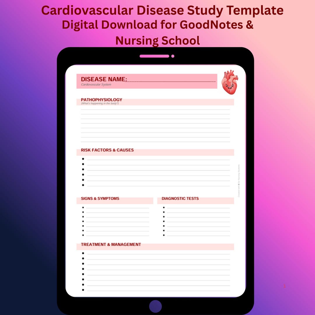 Cardiovascular Disease Study Template + Nursing Notes | Digital ...