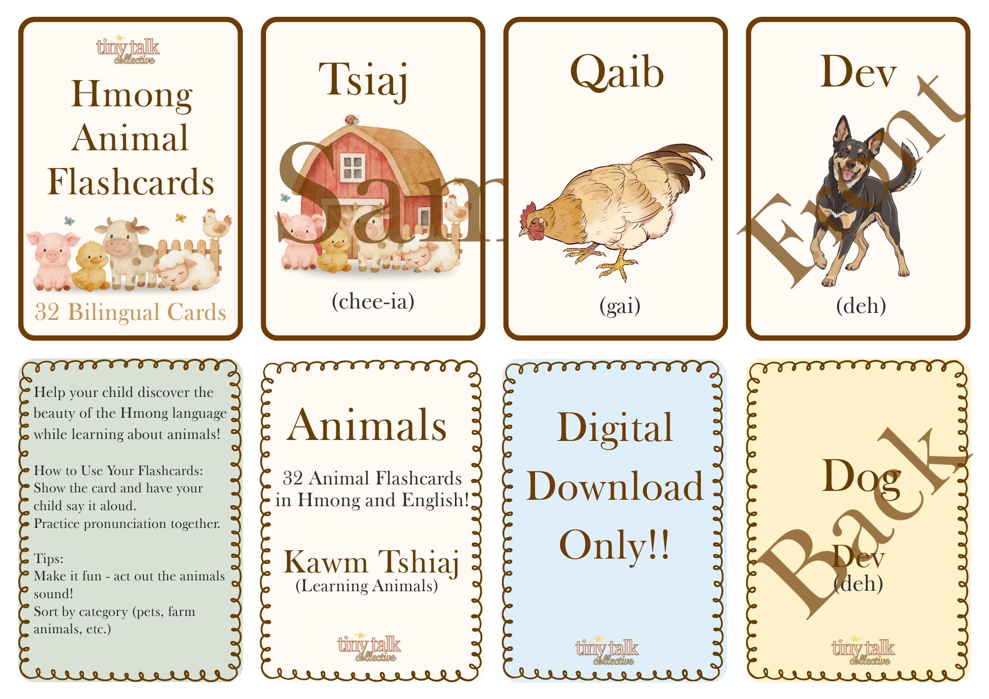 Kids Hmong Bilingual Animal Learning Flashcards-printable PDF Instant ...