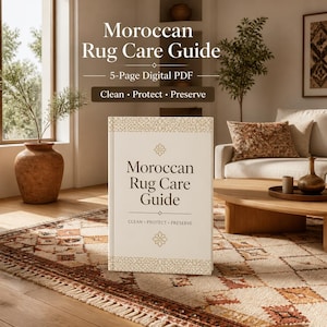 以下が含まれることがあります： Moroccan Rug Care Guideというタイトルの5ページのデジタルPDFガイド。サブタイトルはClean, Protect, Preserve。表紙はオフホワイトで、ダークブラウンの文字と、花柄のモチーフがあしらわれた装飾的な幾何学模様の縁取りが施されています。