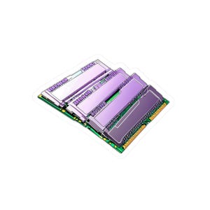 May include: A sticker featuring a stylized illustration of three RAM memory modules. The modules have a purple and white color scheme, with green circuit boards and gold connectors. The sticker is on a white background.