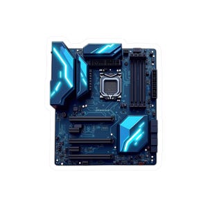May include: A blue computer motherboard with neon blue accents and lighting. The motherboard has various slots, ports, and a central processor unit (CPU) socket. The design features geometric shapes and glowing lines, creating a futuristic aesthetic.