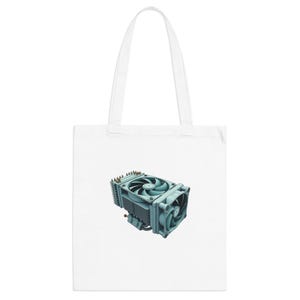 May include: White tote bag featuring a teal computer CPU cooler. The cooler has a fan and heat sink design. The bag has a simple, clean design, with a white background and a white handle.