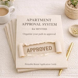 Può includere: Una pila di guide stampabili beige per la domanda di affitto. La guida superiore ha una sezione strappata che rivela la parola "APPROVATO". Il titolo recita "SISTEMA DI APPROVAZIONE DELL'APPARTAMENTO per AFFITTUARI". Sono visibili anche una penna d'oro, una tazza di caffè e una piccola pianta.