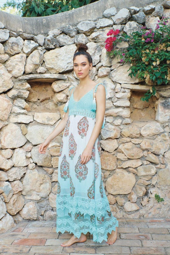 aqua blue beach dress Cotton Lace Maxi Dress, Boho Summer Dress, Sleeveless Vacation Dress, Resort Wear Outfit This beautiful aqua sequin Size:XL = 17 contemporary dress Sherri Hill Tiffany Blue