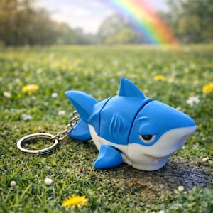 Puede incluir: Un llavero de tiburón azul y blanco con una cadena y un anillo plateados. El tiburón descansa sobre hierba verde con flores amarillas y blancas. Un arcoíris se extiende por el cielo azul en el fondo.