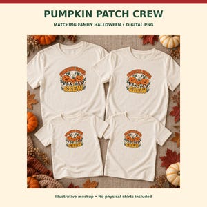 Könnte beinhalten: Vier cremefarbene Kurzarm-T-Shirts mit einer Grafik aus drei lächelnden Kürbissen und dem Text PUMPKIN PATCH CREW. Die T-Shirts sind in einem Raster angeordnet und zeigen ein einheitliches Design in verschiedenen Größen für ein Set.