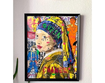 Pop Art Girl With Pearl Earring Hand Painted Canvas Street Art Graffiti Style