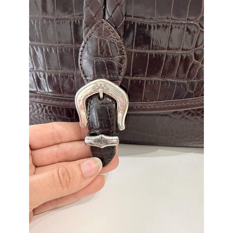 Brighton Vintage Mahogany Croc Embossed Leather Bag Western Buckle Brown image 6
