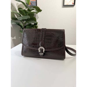 Brighton Vintage Mahogany Croc Embossed Leather Bag Western Buckle Brown image 1